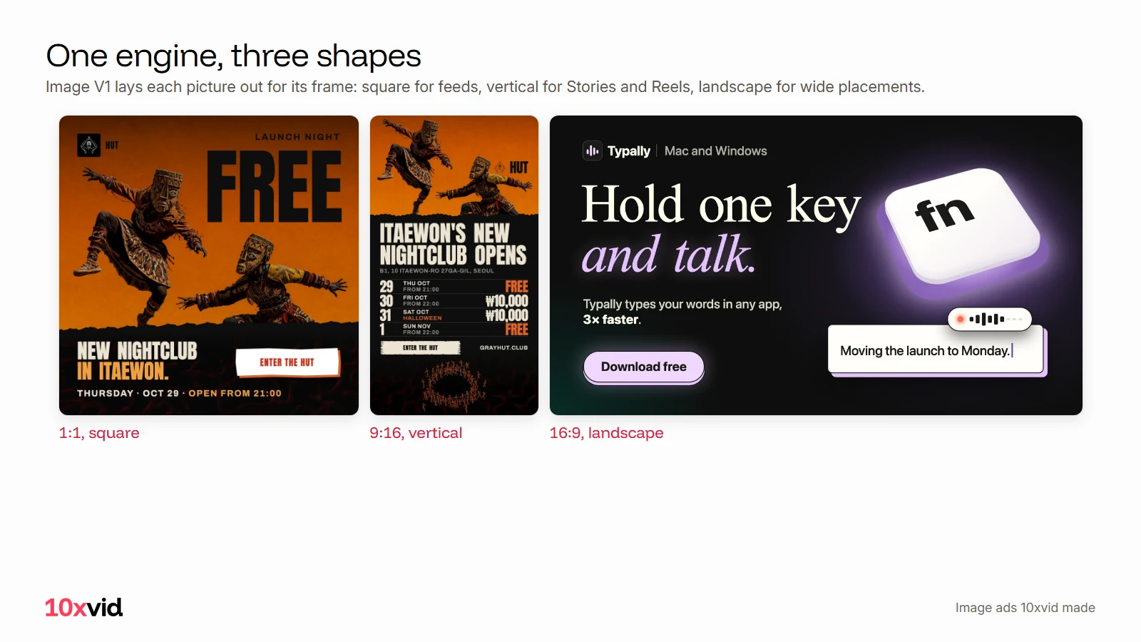 Three image ads by Image V1: HUT's launch night as a square, HUT's opening week as a vertical, and Typally's fn key as a landscape