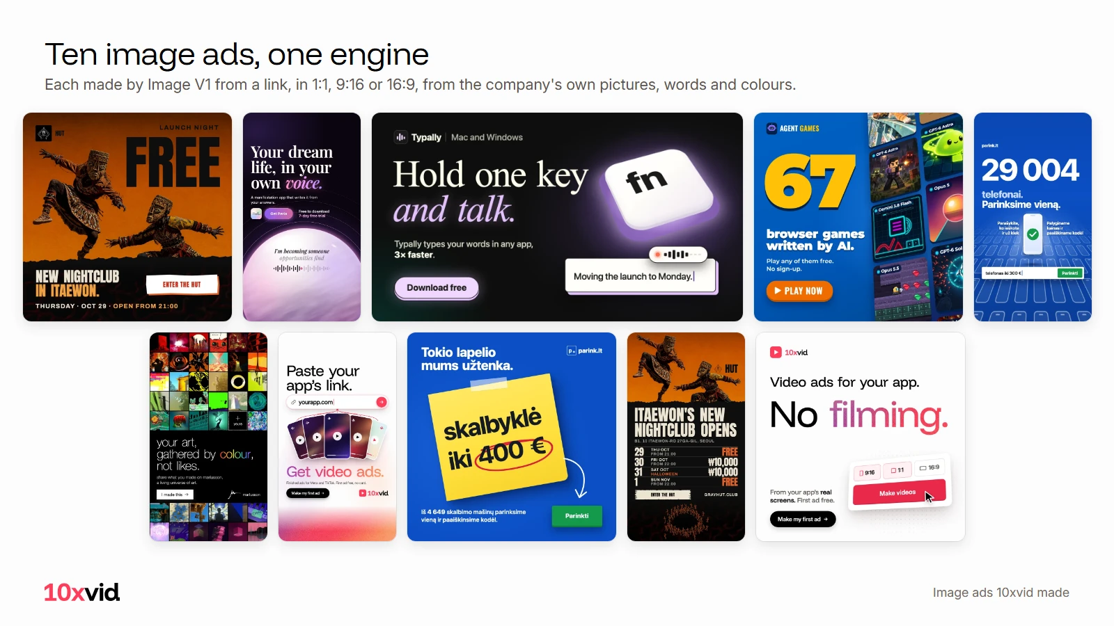 Ten image ads made by Image V1: HUT's FREE launch night, Perla's dream life, Typally's fn key, Agent Games' 67, parink.lt's 29 004, mariusson's art grid, 10xvid's paste your link, parink.lt's sticky note, HUT's opening week, 10xvid's No filming