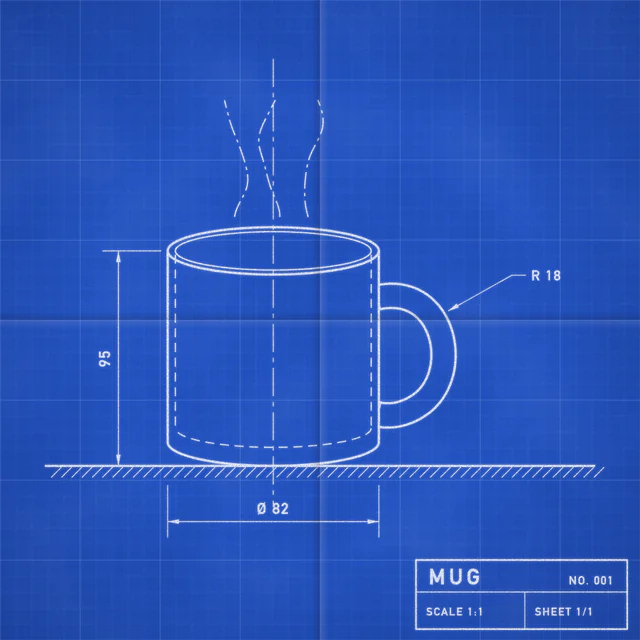 Blueprint: White technical lines on blue paper.