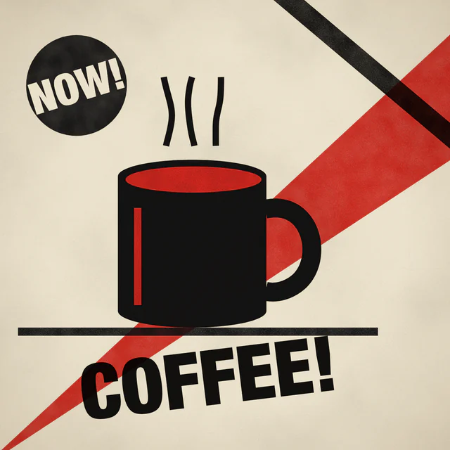 Bold poster: Red and black, diagonals and shouting type.