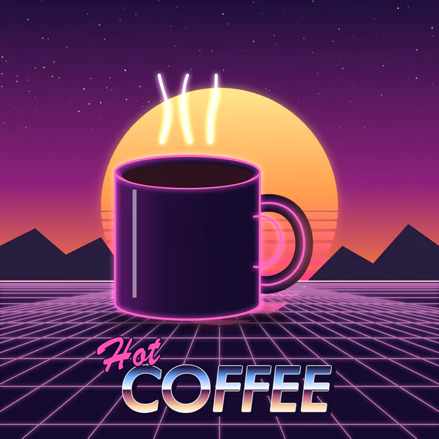 Eighties: Sunset grids and chrome type.