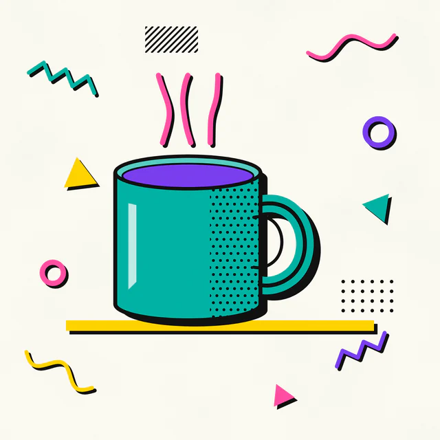 Nineties: Squiggles, confetti shapes, clashing colour.