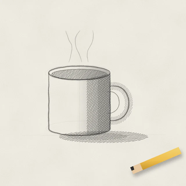 Pencil sketch: Grey pencil lines and shading on paper.