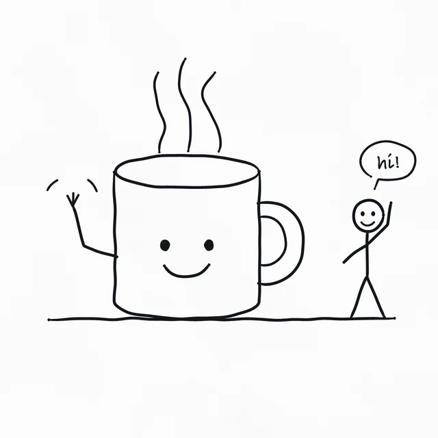 Stick figures: Simple line people on plain paper.