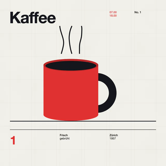 Swiss grid: A strict grid, small type, red and black.